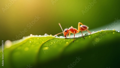 Group of ants working together on a green leaf covered in dew in a vibrant natural setting. photo