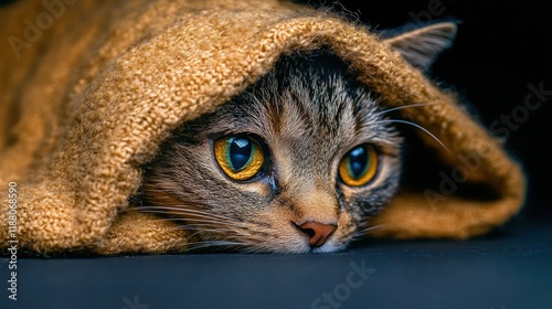 Sad Feline Resting Under Blanket: A Portrait of an Ailing Cat