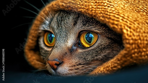 Sad Feline Resting Under Blanket: A Portrait of an Ailing Cat photo