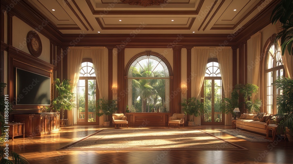Luxurious mansion interior, tropical view, sunny relaxation. Luxurious mansion interior, tropical view, sunny relaxation.