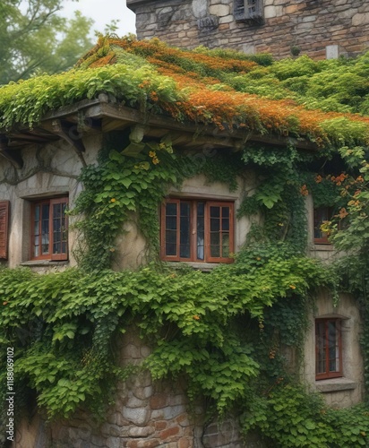 Moss-covered roof tiles on an old building with ivy crawling up the walls, weathering, vines photo