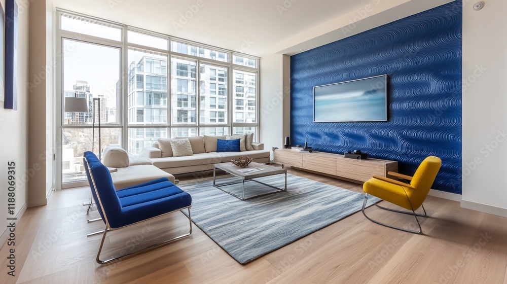 Modern living room with blue accent wall, large windows, and city view. Modern living room with blue accent wall, large windows, and city view.