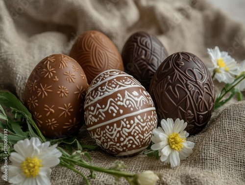 A group of chocolate Easter eggs with white designs on them are arranged on a cloth photo