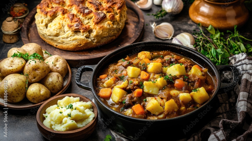 Table with a variety of food, including a bowl of stew and a loaf of bread. Scene is warm and inviting, as the food looks delicious and hearty Table with a variety of food, including a bowl of stew and a loaf of bread. Scene is warm and inviting, as the food looks delicious and hearty