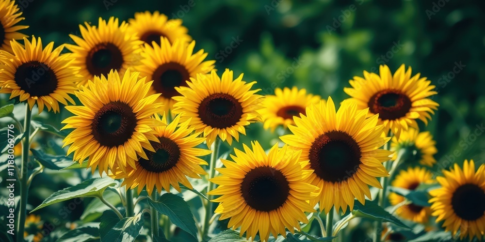 A vibrant field of sunflowers basking in the warm summer sun, their golden petals reaching towards the sky, a captivating display of nature's beauty A vibrant field of sunflowers basking in the warm summer sun, their golden petals reaching towards the sky, a captivating display of nature's beauty