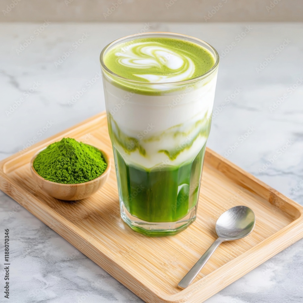 A modern cafe scene featuring a tall glass of iced matcha latte with milk swirls A modern cafe scene featuring a tall glass of iced matcha latte with milk swirls