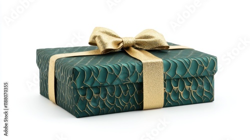 A festive green and gold gift box, featuring a perfectly tied ribbon and bow, standing alone on a white background with sharp details.