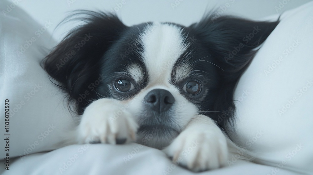 Adorable black and white puppy resting on soft pillows. Adorable black and white puppy resting on soft pillows.