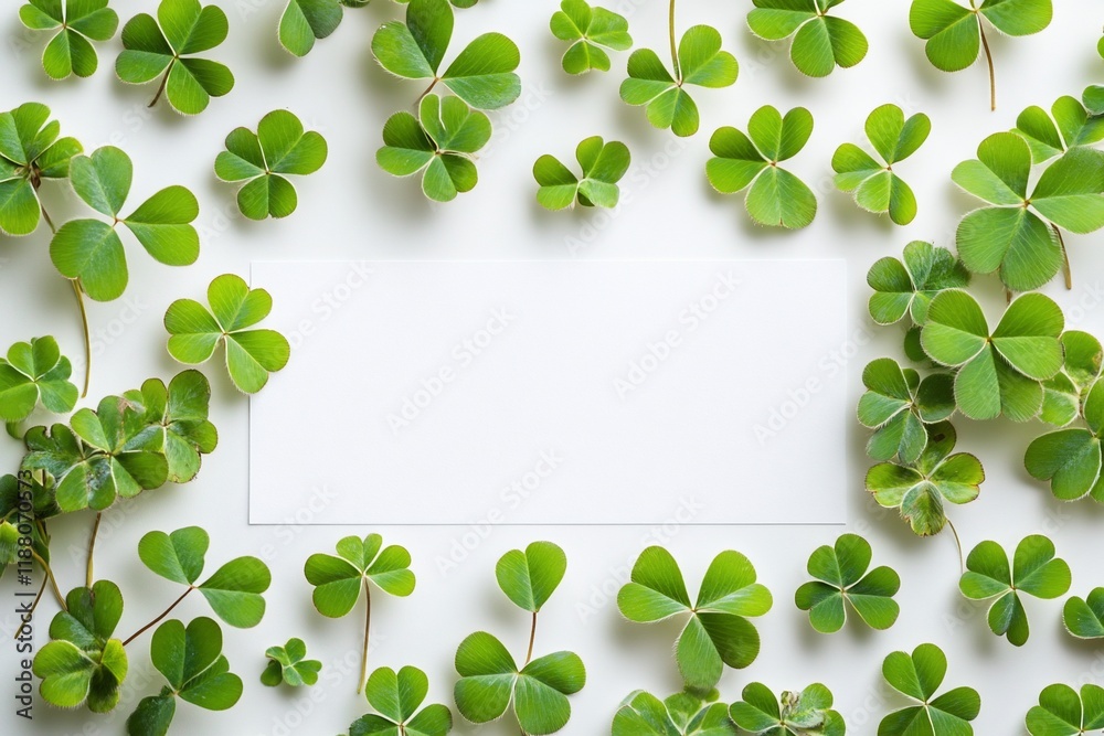 Blank card surrounded by clover leaves on white background. Blank card surrounded by clover leaves on white background.