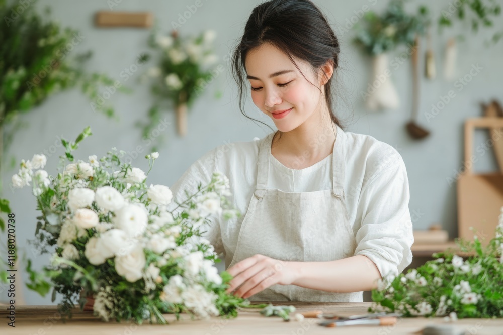 Florist Arranging Beautiful White Flowers in Bright Workshop Florist Arranging Beautiful White Flowers in Bright Workshop