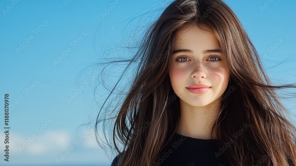 Beautiful Brunette with Windblown Hair in Profile View - Copy Space Beautiful Brunette with Windblown Hair in Profile View - Copy Space