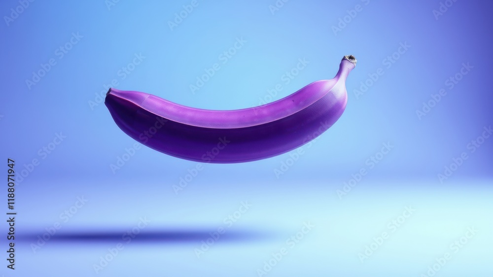A single, vibrant purple banana suspended against a soft, blue backdrop. The banana floats in mid-air, creating a visually striking and unique image. A single, vibrant purple banana suspended against a soft, blue backdrop. The banana floats in mid-air, creating a visually striking and unique image.