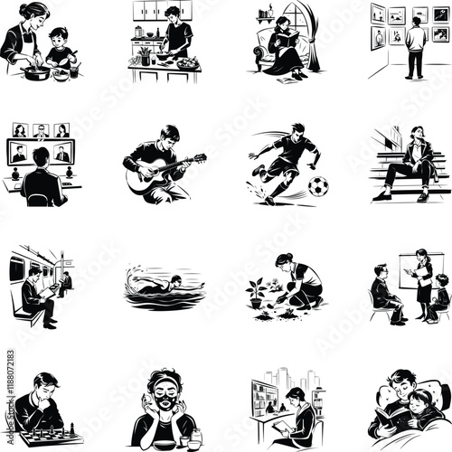 Pack of People Activities Hand Drawn Style Illustrations 