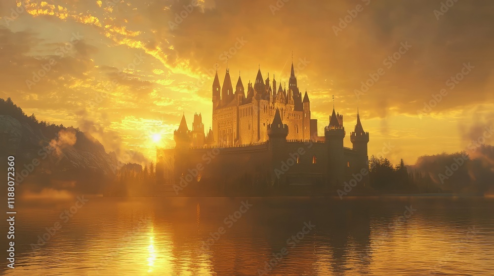 Fototapeta premium Majestic Castle Silhouette Against Golden Sunrise Over Calm Lake
