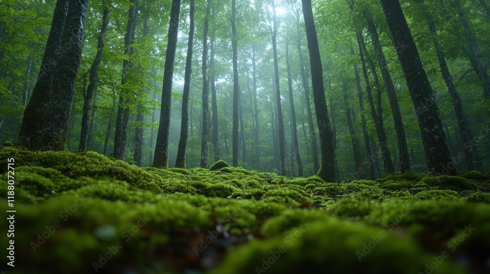 Fototapeta premium Misty forest floor with lush green moss, tall trees, foggy background.