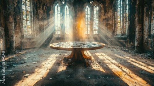 Abandoned Room with Sunlight Rays Shining Through Dusty Windows photo