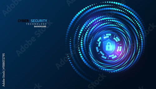 Abstract vector illustration of a cyber security concept. Featuring a glowing shield icon surrounded by concentric circles of data points on a dark blue background.