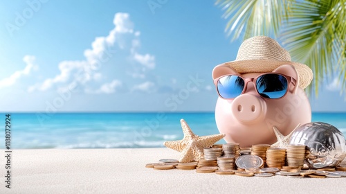 Sunny Savings: Piggy Bank with Sunglasses & Hat on Tropical Beach Vacation Banner with Coins