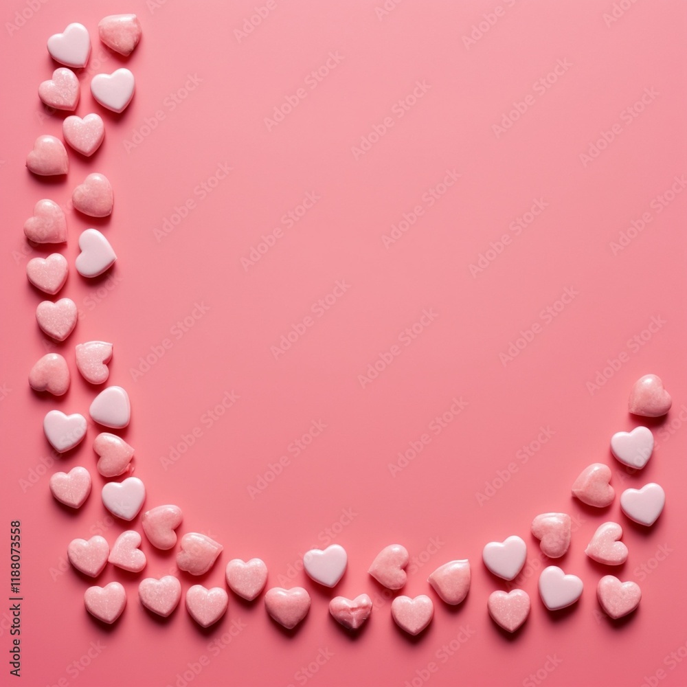 Obraz premium Romantic heart candies border on pink backdrop for valentine's day
