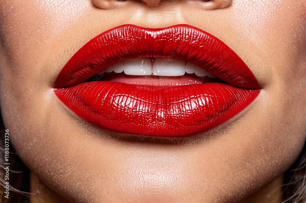 Fototapeta premium A woman with a red lip is smiling