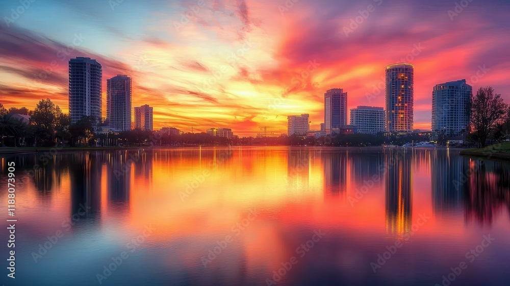 Fototapeta premium Beautiful Sunset Reflection Over City Skyline and Calm Water