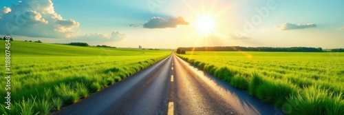 Endless asphalt road cutting through vibrant green summer fields under bright sun , travel, highway, sunlight