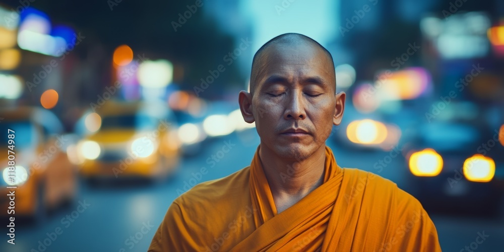 Obraz premium Monk Meditating on Busy Urban Street Serenity Amidst City Lights