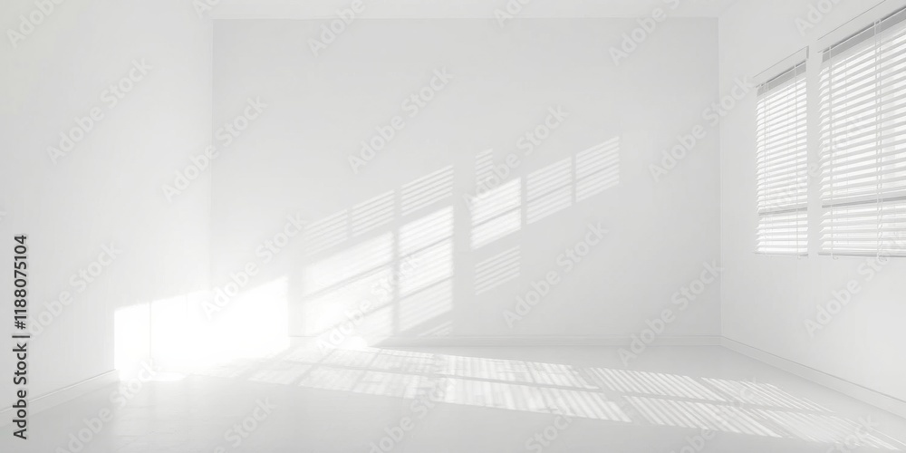 Sunlight streams through a window casting delicate, horizontal shadows on the pristine white walls and floor of a modern, minimalist room. Sunlight streams through a window casting delicate, horizontal shadows on the pristine white walls and floor of a modern, minimalist room.