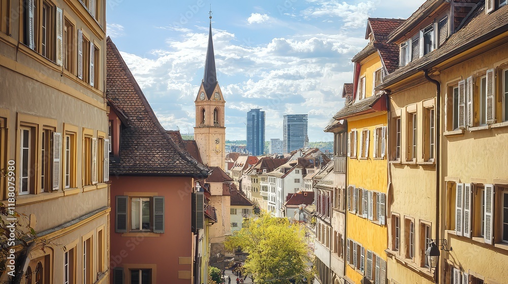Obraz premium Charming Historic Streets with Church Steeple and Modern Skyline