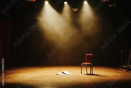 Stage Spotlight: A Single Chair, Empty Stage, Dramatic Ambiance