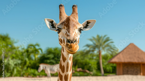 close up view of giraffe in wildlife sanctuary, showcasing its unique patterns and features against vibrant background of greenery and distant zebra