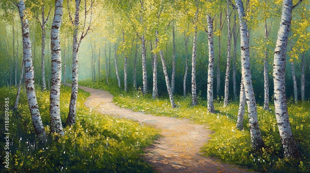 Obraz premium Serene birch forest path, sunlight through leaves, winding road.