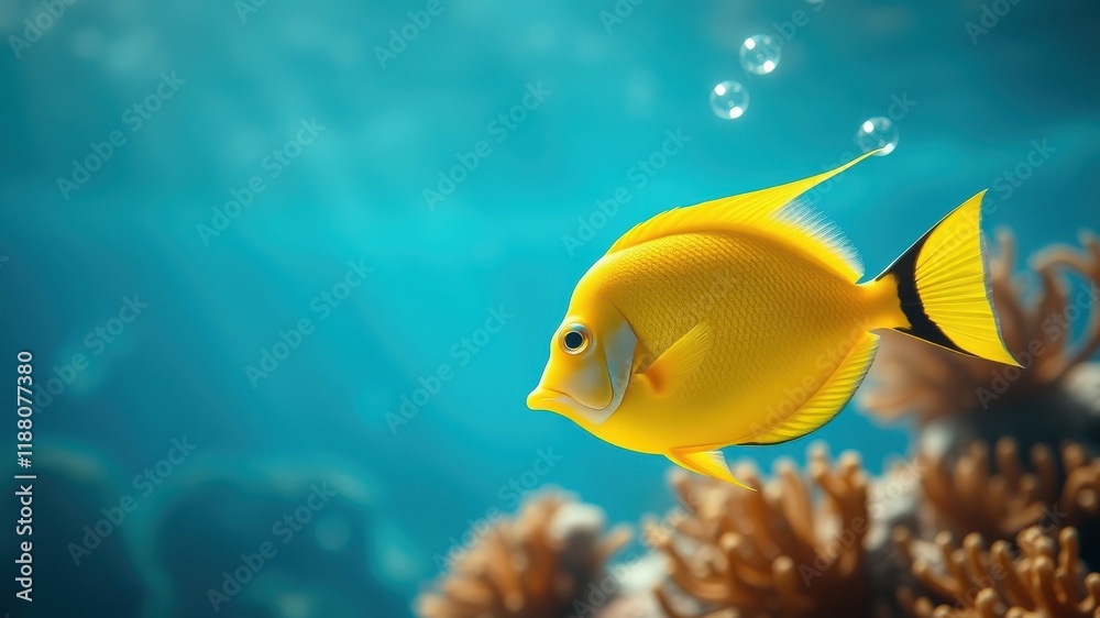 Naklejka premium A Vibrant Yellow Fish Swims Through a Crystal Clear Blue Ocean, Air Bubbles Rising Around It