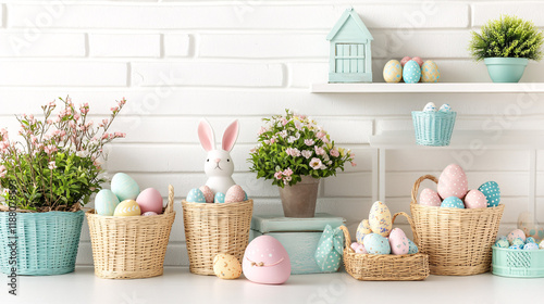 pastel easter eggs in wicker baskets with spring flowers and white bunny on a white brick wall background