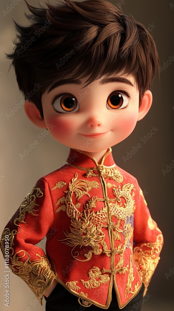 Adorable 3D Rendered Boy in Traditional Chinese Dragon Embroidered Clothing Adorable 3D Rendered Boy in Traditional Chinese Dragon Embroidered Clothing