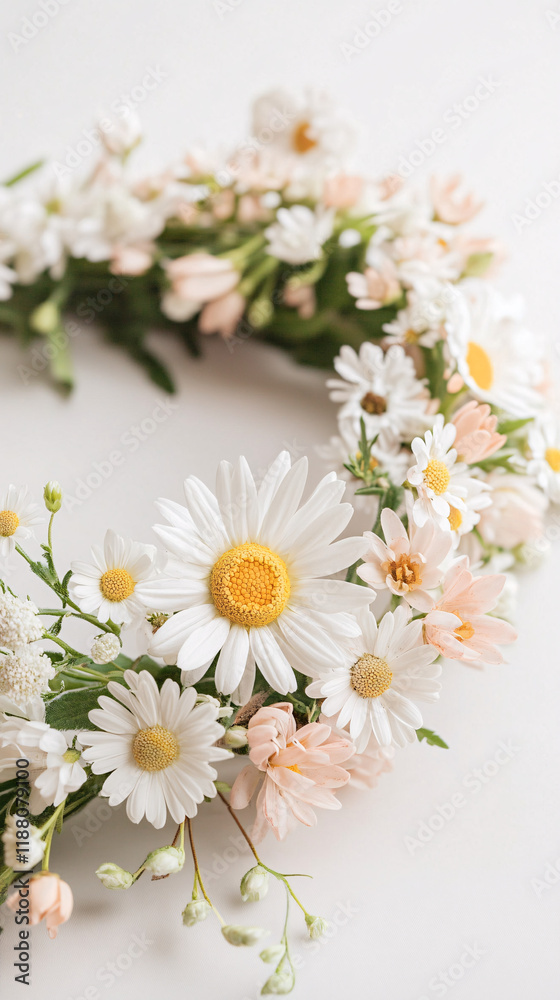 Obraz premium white and pink daisies and flowers in a wreath on white background