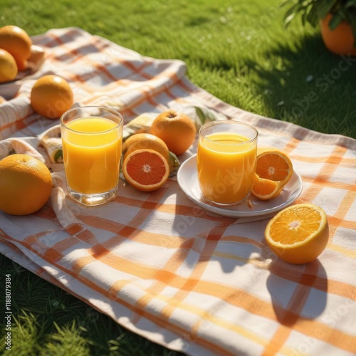 A glass of freshly squeezed orange juice next to a bowl of fresh fruit on a picnic blanket in a sunny garden, sunlight, outdoor