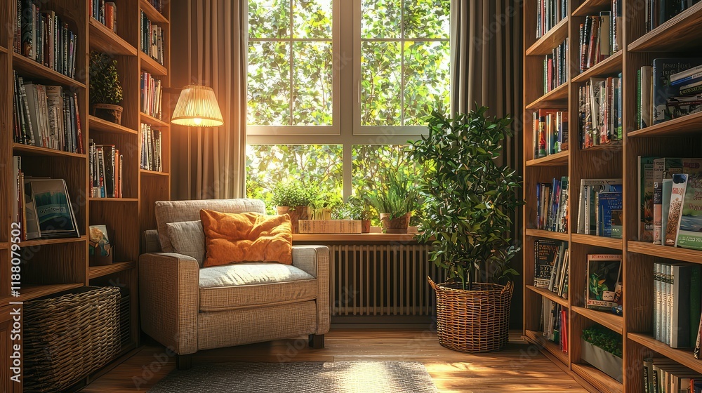 Fototapeta premium Cozy Reading Nook with Bookshelves and Sunlight Streaming In