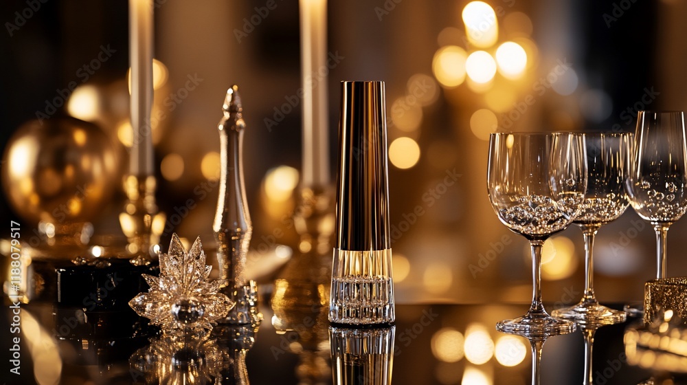 Fototapeta premium Elegant glassware, candles, and decorative objects on a reflective surface.