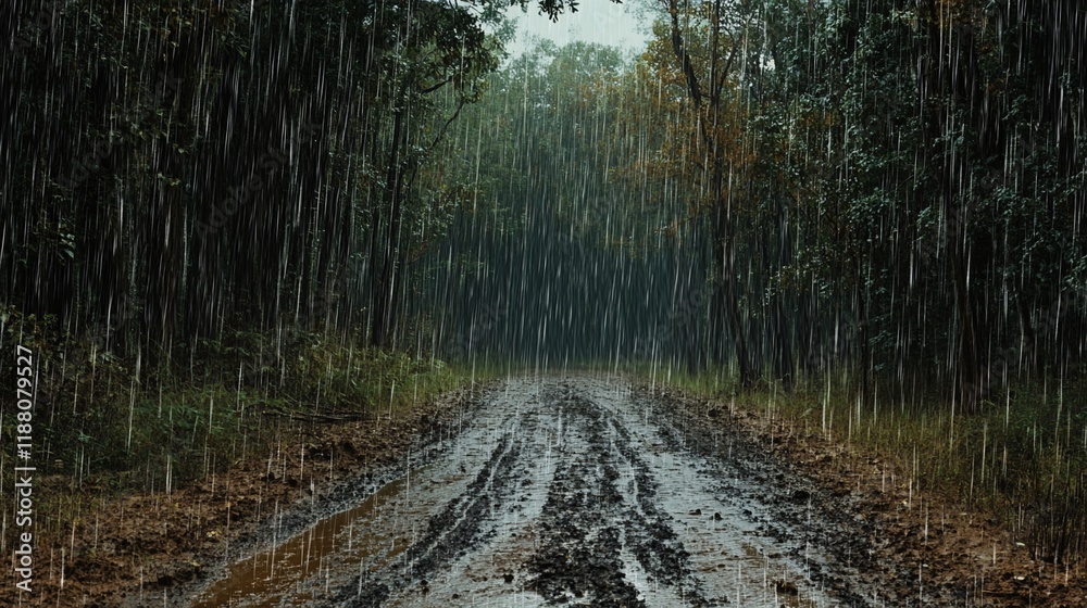 Obraz premium Rainy day on a muddy road through a forest.