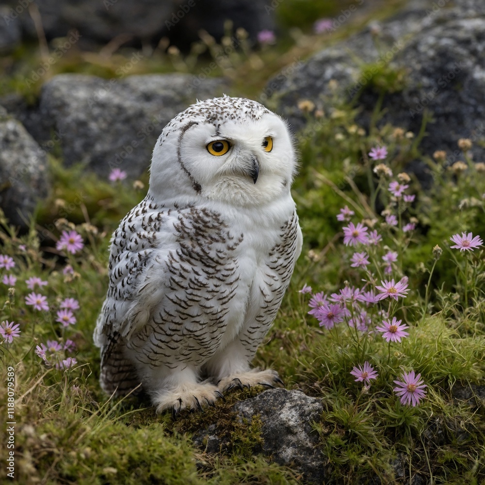 Obraz premium Fluffy Baby Snowy Owl: A tiny, fluffy snowy owl chick sitting on a moss-covered rock, surrounded by wildflowers.