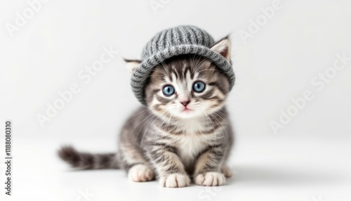 Adorable Kitten in Gray Knit Hat: A Sweet and Innocent Portrait