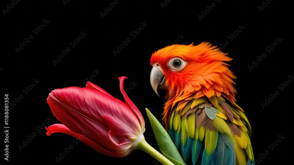 Fototapeta premium A vibrant red tulip, its petals unfurling, sits beside a colorful parrot with a curious gaze, creating a striking contrast against a black background.