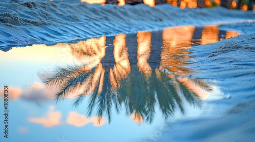 Palm Tree Reflection In Sunset Puddle On Sandy Beach photo