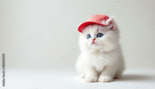 Adorable White Kitten in Red Cap: A Sweet and Playful Portrait photo