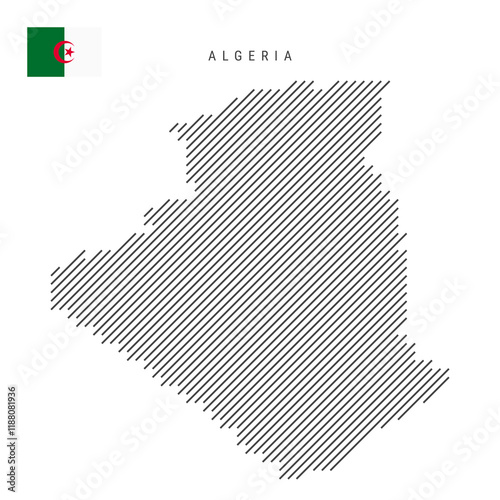 Algeria map from pattern of black slanted parallel lines. Algerian map with gray diagonal lines. Silhouette of a country made of oblique hatching. Vector illustration isolated on white.