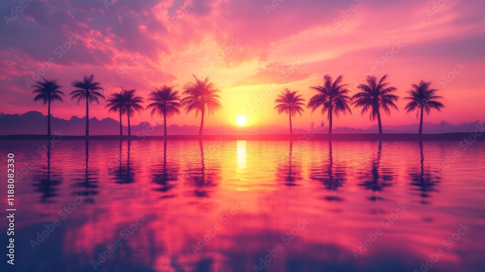 Tropical Sunset Silhouette Palms Reflecting In Calm Ocean Water Tropical Sunset Silhouette Palms Reflecting In Calm Ocean Water