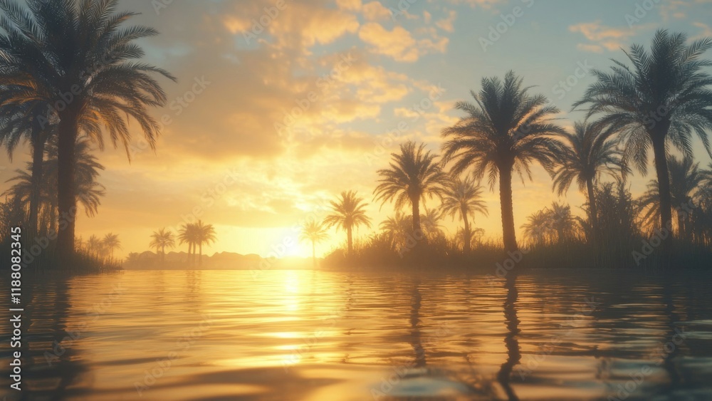 Obraz premium Golden Sunset Over Palm Trees And Calm Water
