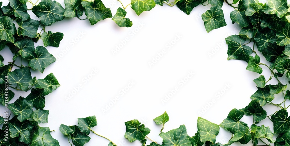 Fototapeta premium Lush green ivy leaves create a frame on a white background.