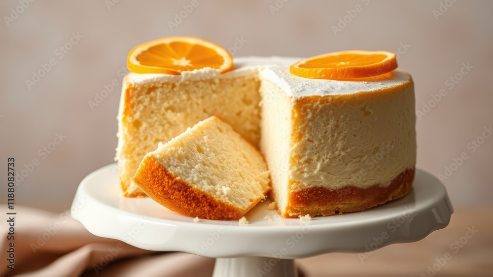 A citrusy and fluffy cake decorated with a slice of orange, showcasing its soft and airy texture, tempting with every bite. A citrusy and fluffy cake decorated with a slice of orange, showcasing its soft and airy texture, tempting with every bite.